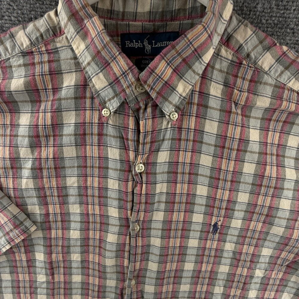 Ralph Lauren Madras Plaid Large Greggor Men Button Up Shirt Cotton Short Sleeve